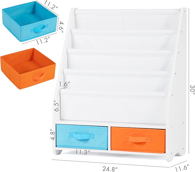 UTEX Kids Bookshelf with Storage Bins, Book Shelf for Kids Rooms, 4-Tier Toddler Sling Bookshelf for Nursery, Living Room, Bedroom, White