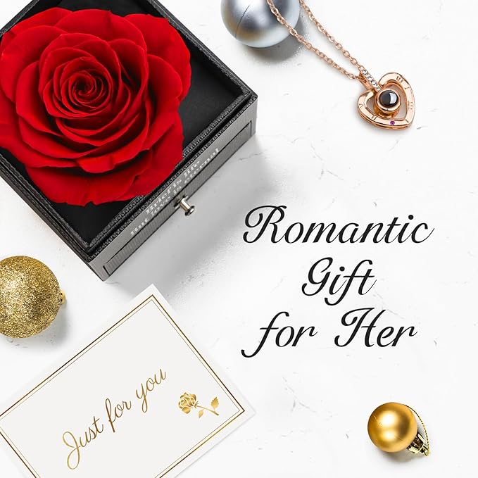 Preserved Real Rose for Mom with I Love You Necklace in 100 Language Girlfriend, Eternal Real Rose Flower Gifts for Women Mom Wife on Mothers Day Birthday Anniversaries