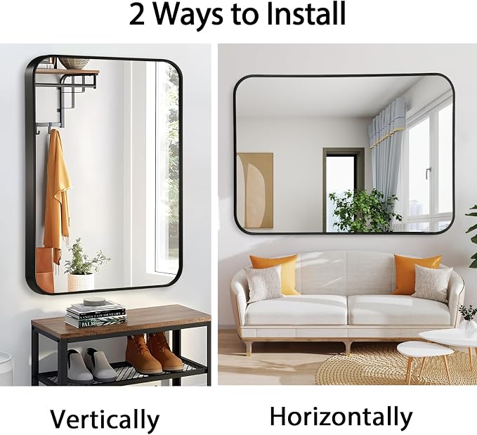24x36 Inch Black Wall Mirror for Bathroom, Brushed Metal Framed Mirror with Rounded Corner, Rectangle Bathroom Vanity Mirror for Bedroom or Living Room, Horizontal/Vertical