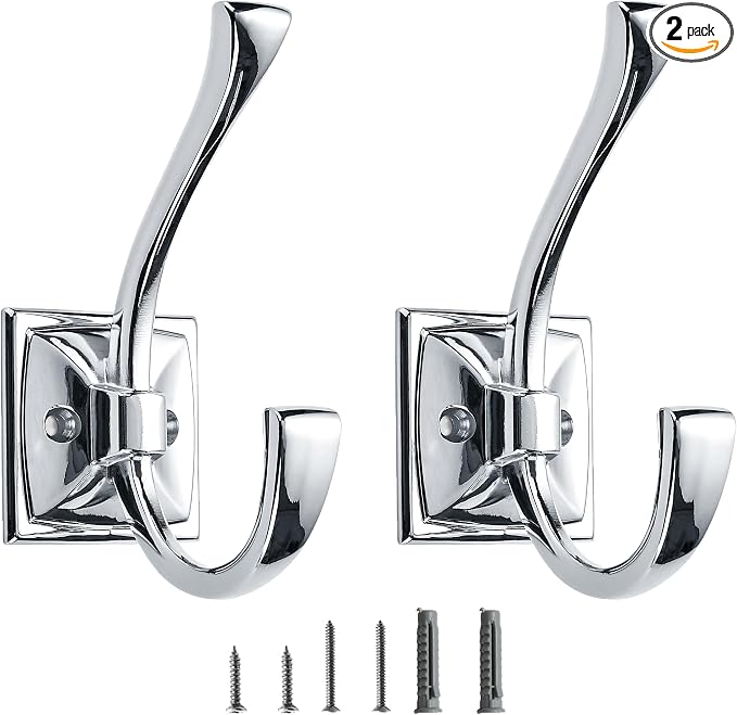 2 Pack Decorative Heavy Duty Towel Hooks for Hanging Robe Double Polished Chrome Coat Hooks Wall Mounted with Screws for Key, Towel, Bags, Cup, Hat