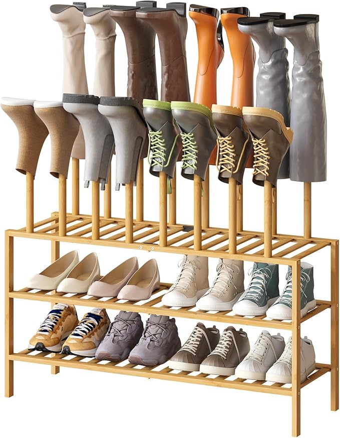 kiplant Tall Boot Rack Organizer - 8 Pair Boot Rack Bamboo Wood Shoe Rack for Entryway & Closet, Holds Tall Boots