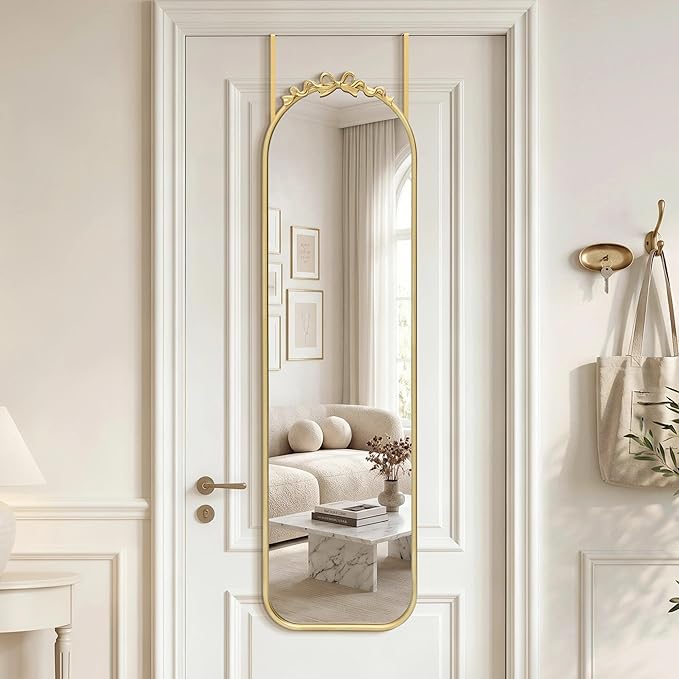 Besdomus Door Mirror Full Length: 14"x50" Gold Vintage Bow Over The Door Hanging Mirror - Antique Baroque Traditional Ornate Full Body for Girls Bedroom/Cloakroom/Living Room - Ideal for Teen Girl