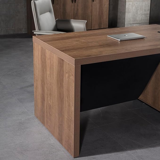 Modern Executive Desk, Rectangle Office Desk with Storage Cabinet, Width Adjustable Standing Desks, Stand Under Table Storage Organizer, Wood