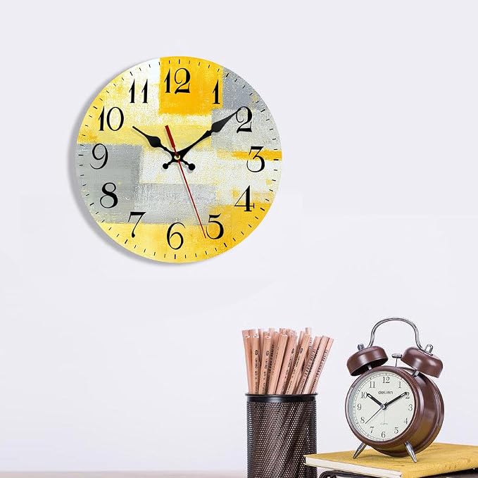 ArtSocket Wooden Wall Clock Silent Non-Ticking, Yellow Grey Abstract Painting Gray Contemporary Art Vintage Round Wall Clocks Decor for Home Kitchen Living Room Office, Battery Operated(12 Inch)
