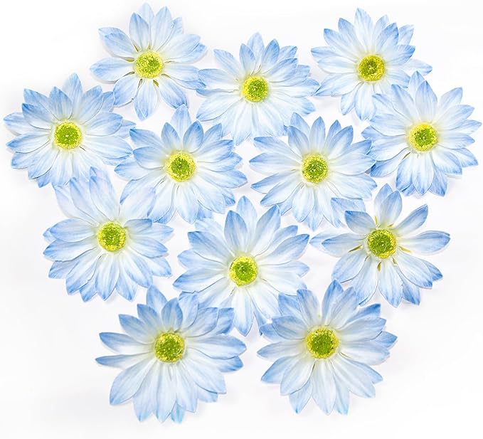 Fabric Daisy Flower Head in Bulk, 12 Pcs Artificial Daisy Flower Heads for Crafts, 3.5 Inch Faux Flowers Silk Daisy Flower Heads for Hats, Costume, Home Wedding, Christmas (Light Blue)