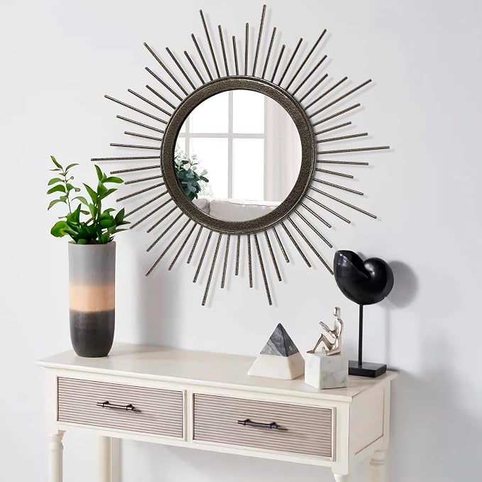 Large Sunburst Wall Mirror, Round Home Modern Metal Art Mirror for Bathroom Living Room Hallway Bedroom Balcony Farmhouse 24" x 24"