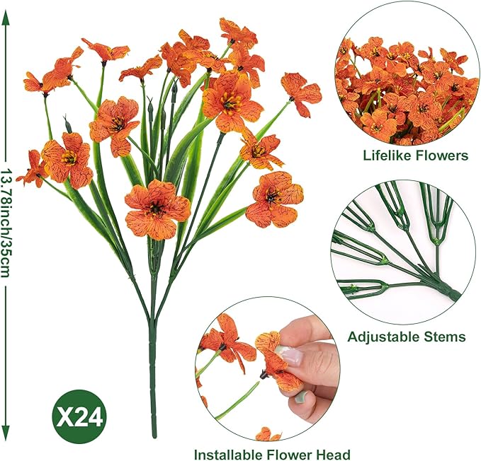 Ouddy Decor 24 Bundles Artificial Fall Flowers for Outdoors Fake Mums Fall Silk Flowers UV Resistant Faux Plastic Plants for Indoor Outdoor Vase Box Garden Porch Window Box Home Autumn Decor, Orange