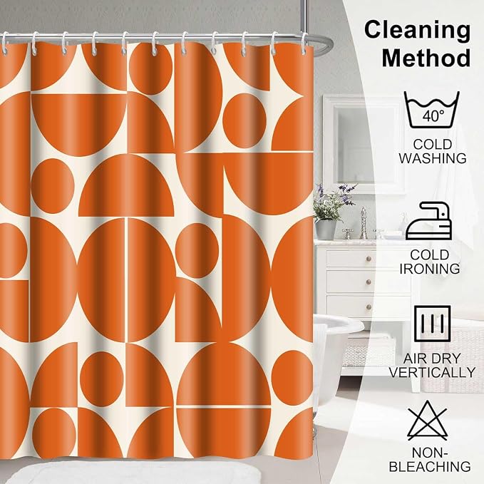 Vintage Orange Mid Century Modern Shower Curtain Boho Abstract Geometric Art Shower Curtains for Bathroom Decor 72x72 Inch 70s 80s Retro Washable Fabric Bathroom Set with 12 Hooks