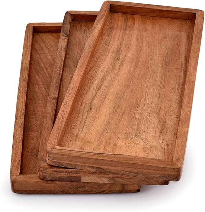 NIRMAN Acacia Wood Rectangular Wooden Platters for Home Decor, Food, Vegetables, Fruit, Charcuterie, Appetizer Serving Tray (13" x 5.5" x 0.75") (Set of 3)
