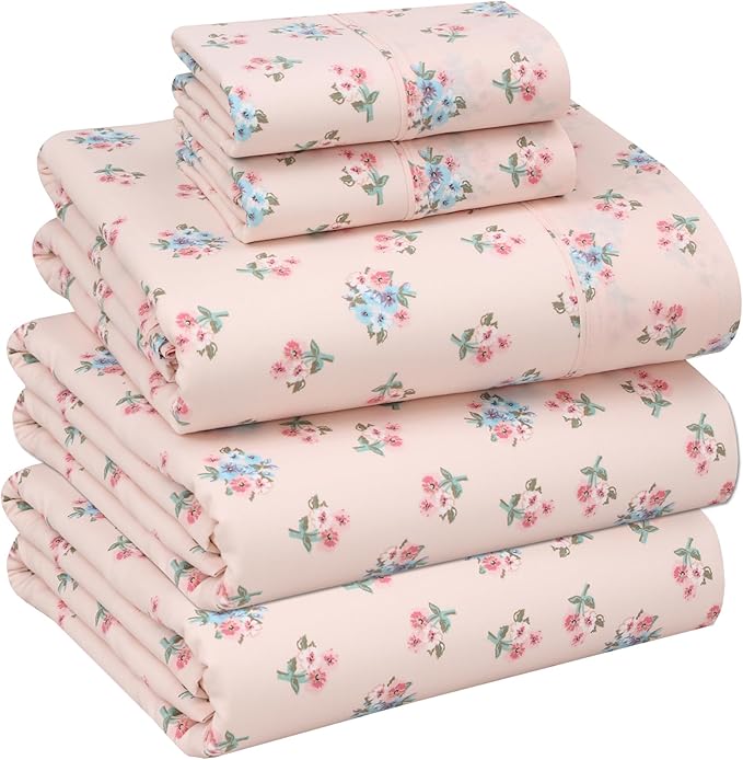 RUVANTI 100% Cotton Split King Sheets Sets for Adjustable Bed, 5 PCs, Soft & Breathable Percale Weave Bedding, Deep Pocket 16", Hotel Standard, Crisp Cool Feel & Durable, Floral Sheet, Spring On