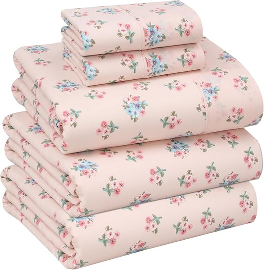 RUVANTI 100% Cotton Split King Sheets Sets for Adjustable Bed, 5 PCs, Soft & Breathable Percale Weave Bedding, Deep Pocket 16", Hotel Standard, Crisp Cool Feel & Durable, Floral Sheet, Spring On