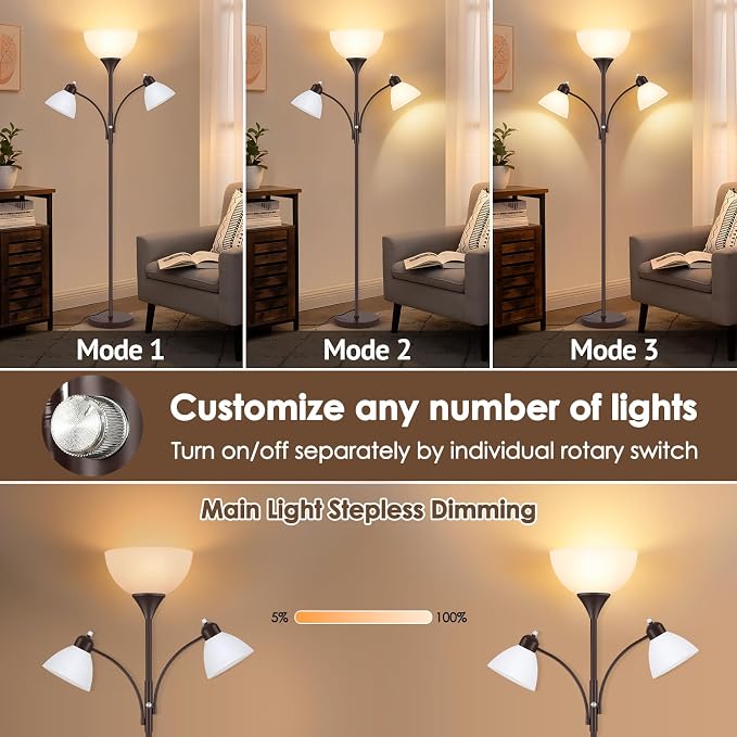 Coucrek Floor Lamp for Living Room,72" Dimmable Torchiere Lamp with 2 Reading Lights for Bedroom, Brown Tall Standing Room Lamp, 3 Bulbs Included