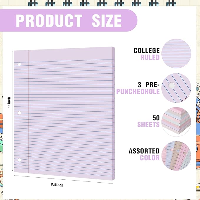 PerKoop 400 Sheets Colored Loose Leaf Paper 8.5" x 11" college ruled Lined 3 Hole Punched notebook Filler Paper for 3 Ring Binders Office School Supplies (Gentle Colors)