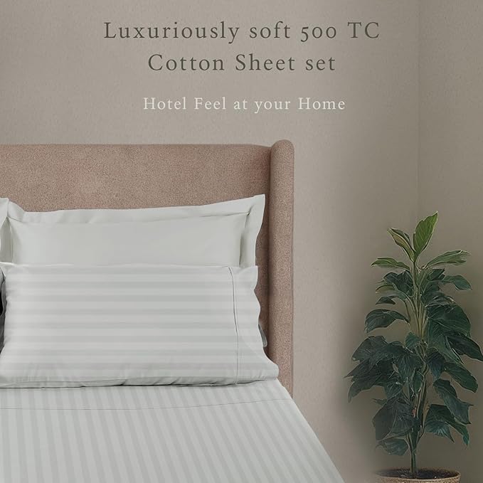 Threadmill 500 Thread Count Twin Size Damask Stripe, 3 Pc Luxury Cotton Bedding Set, Breathable Light Grey Sheets with 15" Elasticized Deep Pocket, 1 Pillowcase & Free Tote Bag