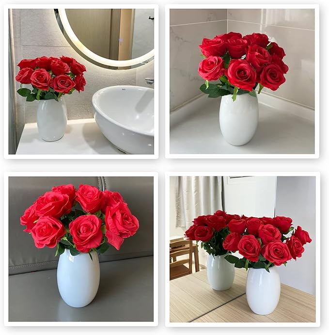 12 PCS Rose Artificial Silk Flowers, Fake Roses with Long Stems Realistic Faux Rose Flower Bouquets for Home Wedding Decoration Party-Red