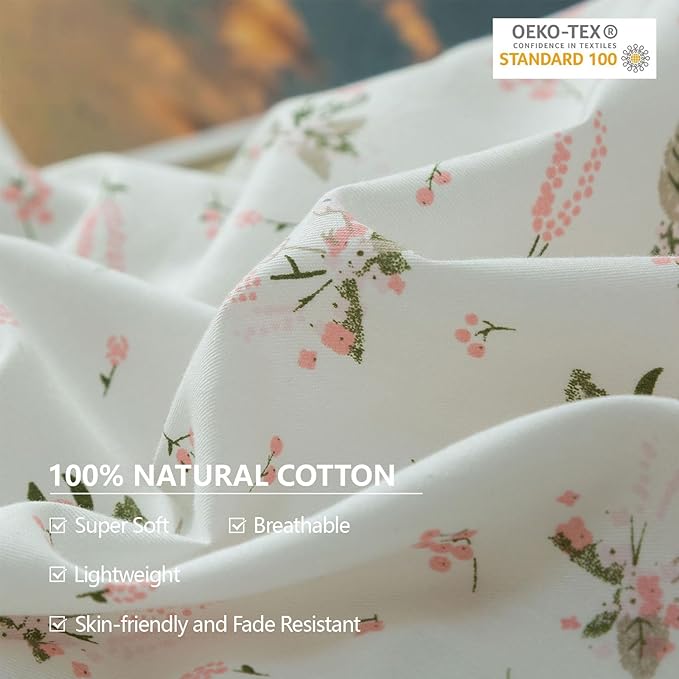 EAVD Vintage Style Garden Pink Floral Duvet Cover Queen 100% Cotton White Pink Botanical Bedding Set for Girls Women Chic Shabby Boho Botanical Floral Comforter Cover with Zipper Closure 4 Ties