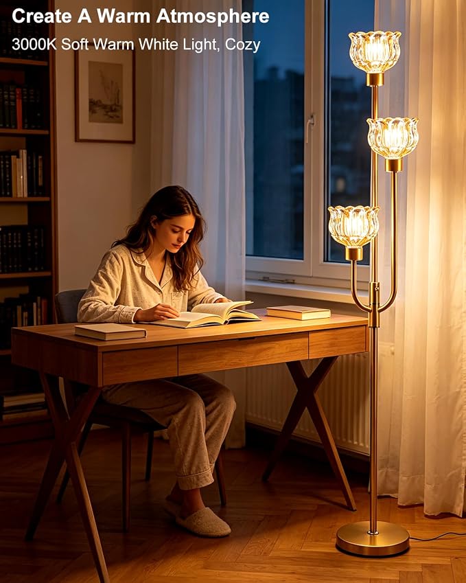 Lightdot 3-Lights Modern Glass Floor Lamp 66IN Gold Dimmable Floor Lamps with 3000K Warm White Bulbs for Wedding Party Tall Standing Lamp with Amber Glass Shade for Living Room/Bedroom/Home Decor