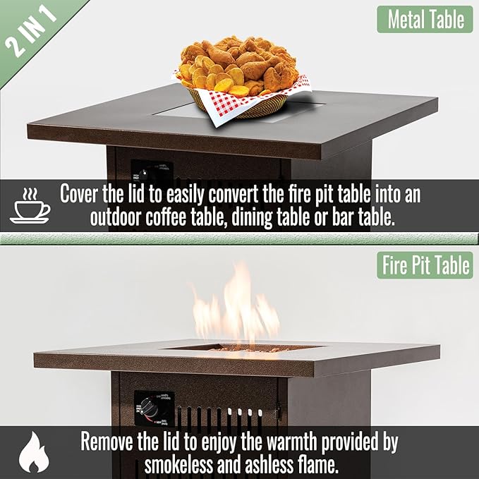 28" Propane Gas Fire Pit Table, 50000 BTU Imitation Wood Grain Finish Square Fire Pit with Lid & Volcanic Stones 2 in 1 Fire Pit Table Rock for Outside Patio Deck Garden Courtyard