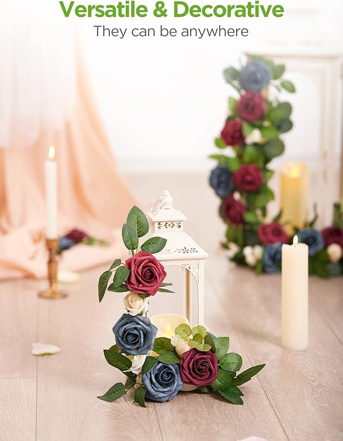 InnoGear Artificial Flowers, 50 Pcs Dusty Blue Shades Foam Fake Roses Bulk with Stems for Decoration DIY Wedding Bouquets Centerpieces Bridal Shower Party Christmas Tree