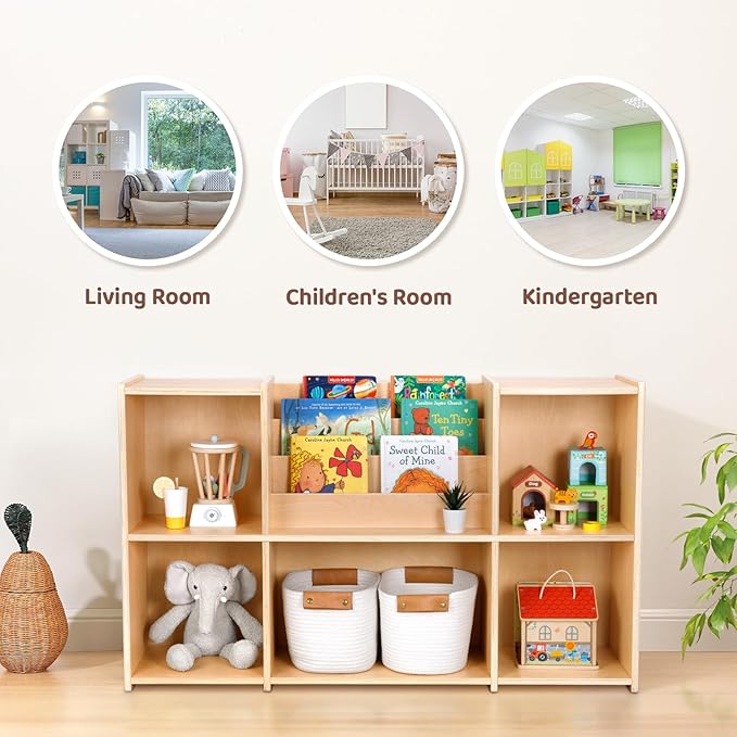 OOOK Montessori Bookshelf and Toy Storage Organizer, 2-Tier Horizontal Bookshelf, 5-Compartment Toy Storage Cabinet with Book Rack, Ideal Choice for Kids Classroom Organizer, Playroom and Daycare