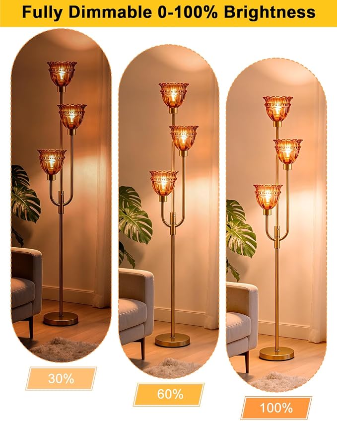 Lightdot 66IN 3-Lights Modern Glass Floor Lamp Gold Dimmable Floor Lamps with 3000K Warm White Bulbs for Wedding Party Tall Standing Lamp with Deep Red Glass Shade for Living Room/Bedroom/Home Decor