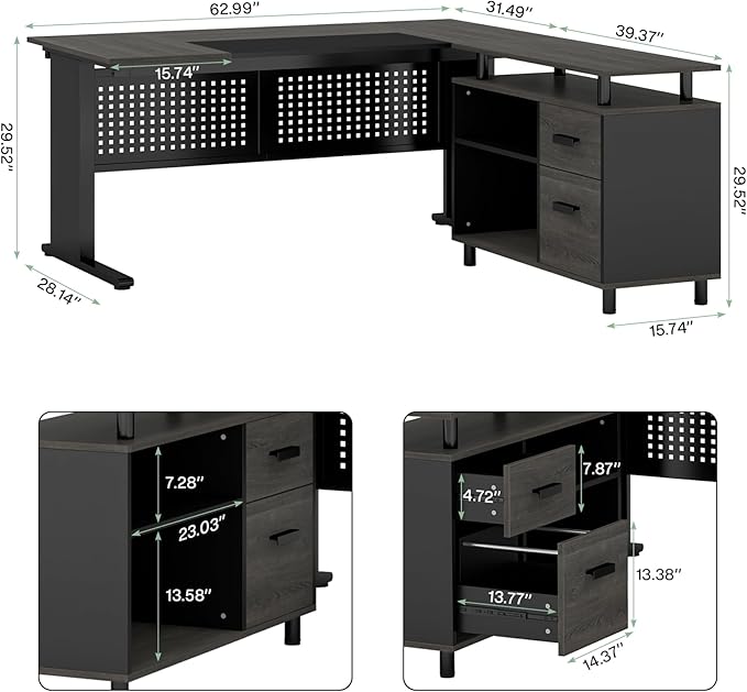 Tribesigns 63 Inch Executive Desk with File Cabinet, L Shaped Office Desk with Drawers and Storage Shelves, Business Furniture Set Workstation for Home Office, Gray and Black