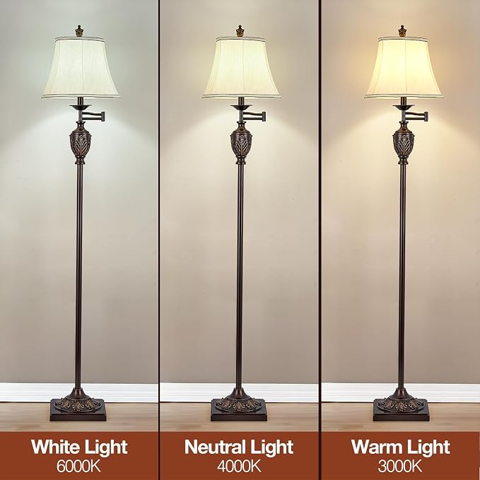 Traditional LED Floor Lamp with 350° Adjustable Swing Arm Lamp – Vintage Standing Pole lamp for Living Room, Bedroom and Office – Rustic Upright Floor Light for Home Décor with Faux Silk Fabric Shade