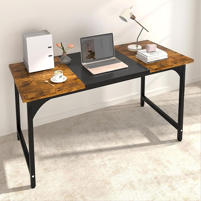 Computer Desk, 55 Inch Home Office Desks, Office Desk for Gaming Writing Study Work, Study Table with Large Legroom, Computer Desk with Metal Frame (Brown + Black Carbon Fiber Tabletop, 55inch)