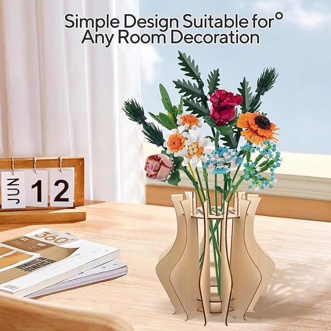 Wooden Vase for Lego Flowers - Wooden Vase for Lego Bouquet, Wood Vases Puzzle Set for LegoRoses Sunflower Tulips, Vases Kit for Artificial Bouquet Arrangement Home and Office Decoration (Wood)