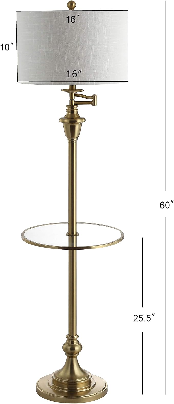 JONATHAN Y 60" Brass Gold Floor Lamp with Integrated Glass Side Table, Modern Swing Arm Standing Lamp for Living Room, White Linen Shade, LED Bulb Included JYL3055A