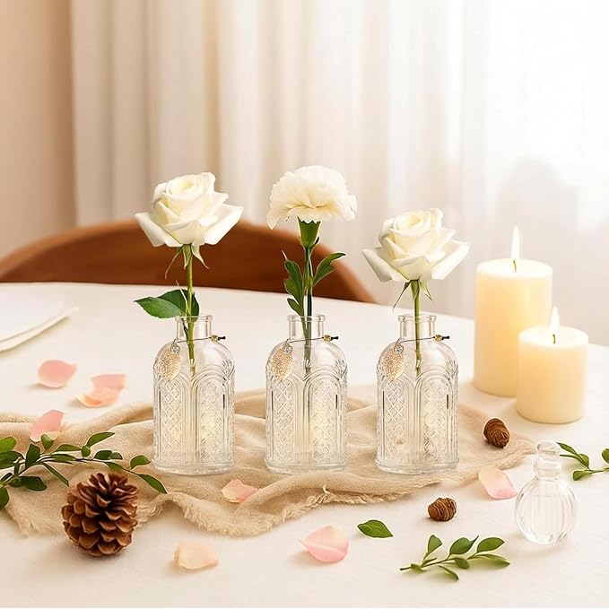 Glass Reed Diffusers Bottles for Home, Diffuser Bottles with 20PCS Reed Diffuser Sticks, Vintage Embossed Apothecary Style Flower Bud Vases with Cork Lids, Set of 3