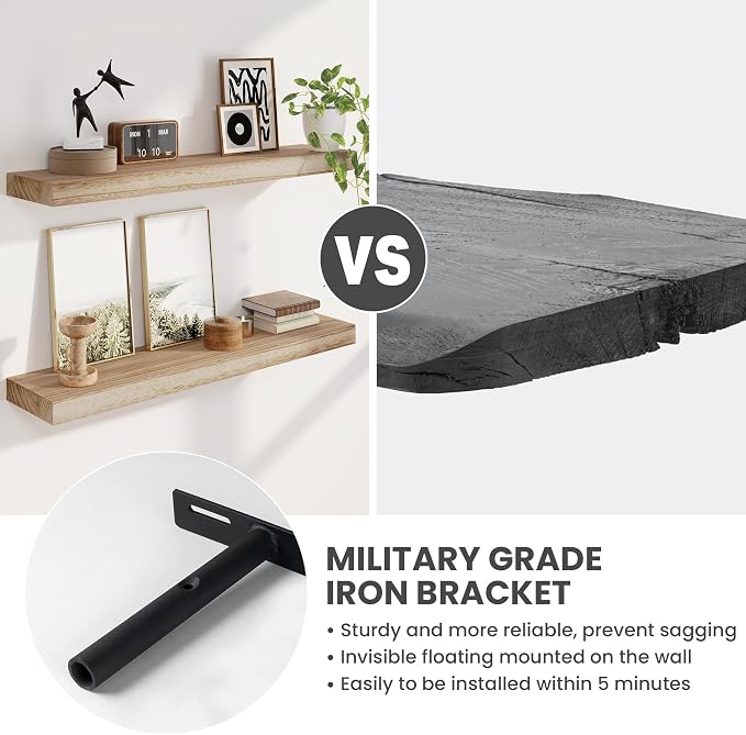 Solid Wood Floating Shelves for Wall 48"W x 8"D x 1.56"H Set of 2, Deep Wall Shelves for Living Room Bedroom Bathroom Kitchen Decor Storage with Invisible Heavy-Duty Metal Bracket, Carbonized Black