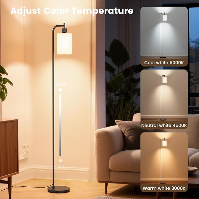 SIBRILLE Floor Lamp with Linen Shade, Dimmable Tall Standing Lamp with Remote Control & 3 Color Temperatures, Modern Floor Lamps for Living Room Bedroom Office Corner, 9W LED Bulb Included