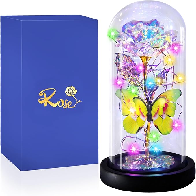 Rainbow Butterfly Rose Flower Birthday Gifts - Women Gifts for Her Anniversary Valentines Mothers Day Christmas Thanksgiving - Light Up Rose Flower Gifts for Wife Mom Grandma Girlfriend Lady Girl