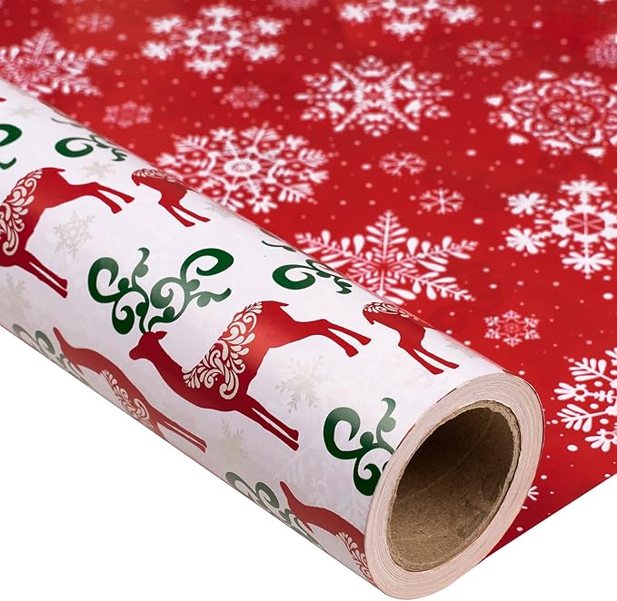 MAYPLUSS Christmas Reversible Wrapping Paper - Mini Roll - 17 Inch X 32.8 Feet- Red Green Reindeer Design (47.3 sq.ft.ttl)