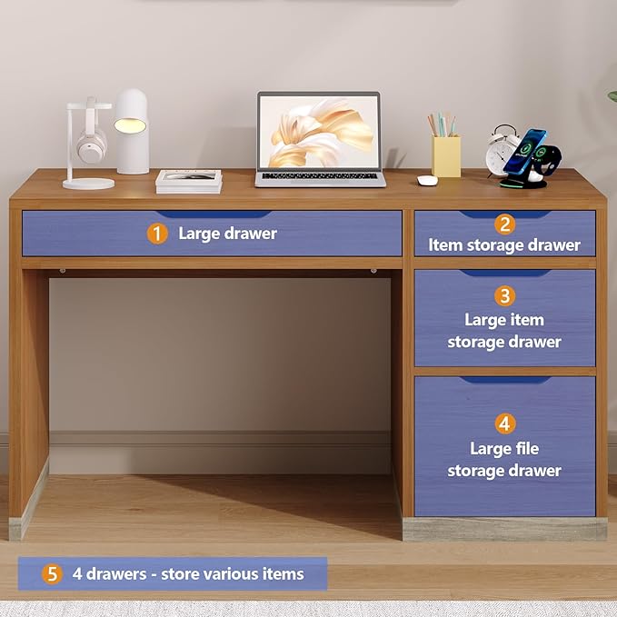 Small Desk with Drawers, 52 Inch Computer Desk with Storage, Home Office Desk with Filing Table for Bedroom, Brown