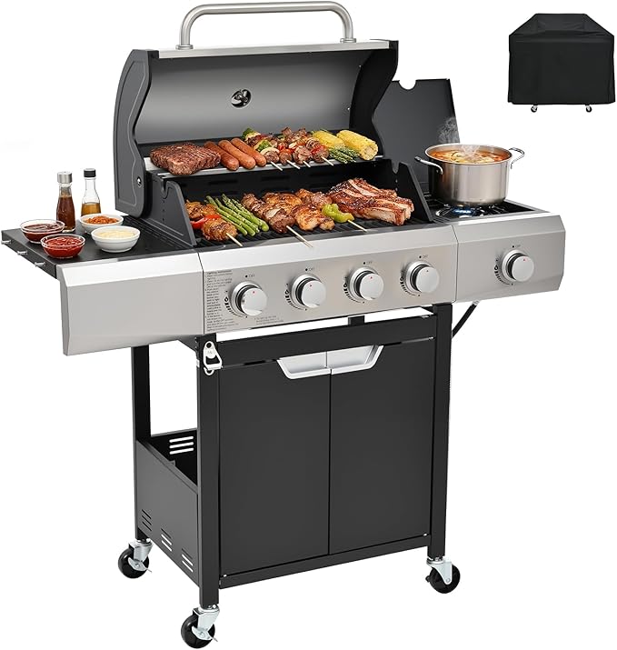 EUHOME 4-Burner Gas Grill with Side Burner & Cover, 51000 BTU Stainless Steel Outdoor BBQ Grill, 452 sq.in Cooking Area, Ideal for Backyard, Patio Large Gatherings
