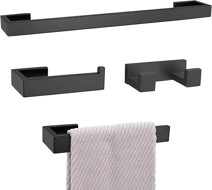 Matte Black Bathroom Hardware Set, 4-Piece Bath Towel Bar Set SUS304 Stainless Steel Towel Rack Set for Bathroom, 23.6 inches Bathroom Towel Holder Set Wall Mounted