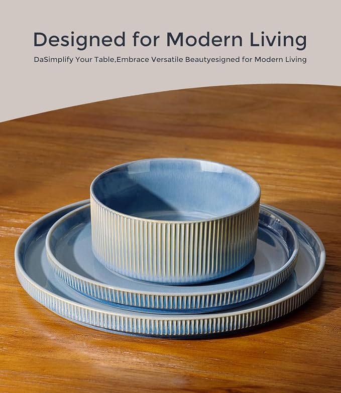 GBHOME 12-Piece Stoneware Dinnerware Set for 4 – Ribbed Ceramic Plates and Bowls, Scratch-Resistant, Microwave & Dishwasher Safe, Reactive Glaze, Alaskan Blue