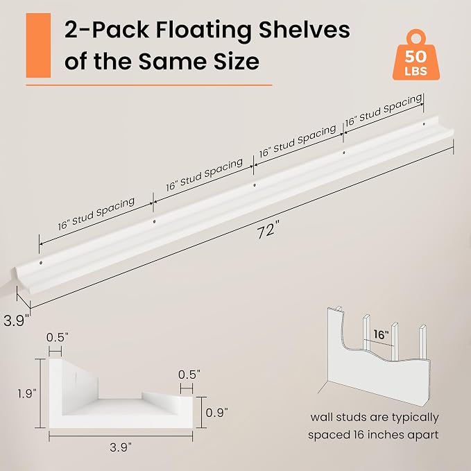 RICHFOCUS Picture Ledge Shelf, 72 inch Floating Shelves Set of 2, Wood Wall Shelves with Lip, Wall Decor Storage for Bedroom Living Room Bathroom Kitchen Nursery Photo Picture, White