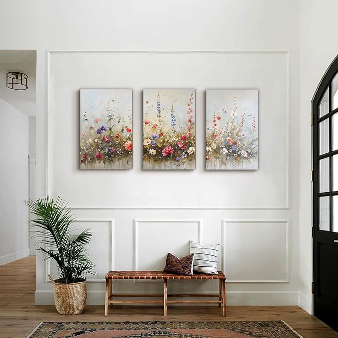 SERIMINO Large Wall Art for Living Room Canvas Prints, Nature Floral Botanical Wall Art Set 3 Piece Farmhouse Decor, Misty Flowers Modern Home Decor Paintings for Bedroom Bathroom 16"X24"