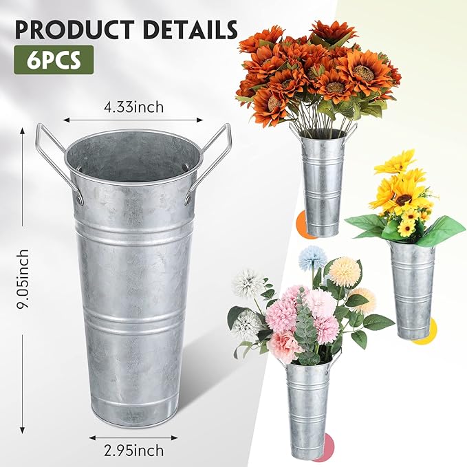 Chumia 6 Pcs Buckets Bulk Cut Flower Bar Supplies Christmas Centerpiece Wedding Galvanized Vase Metal Bloom Bridal Bouquet Pail with Handle French Farmhouse Rustic Floral Arrangement(Silver,9 Inch)
