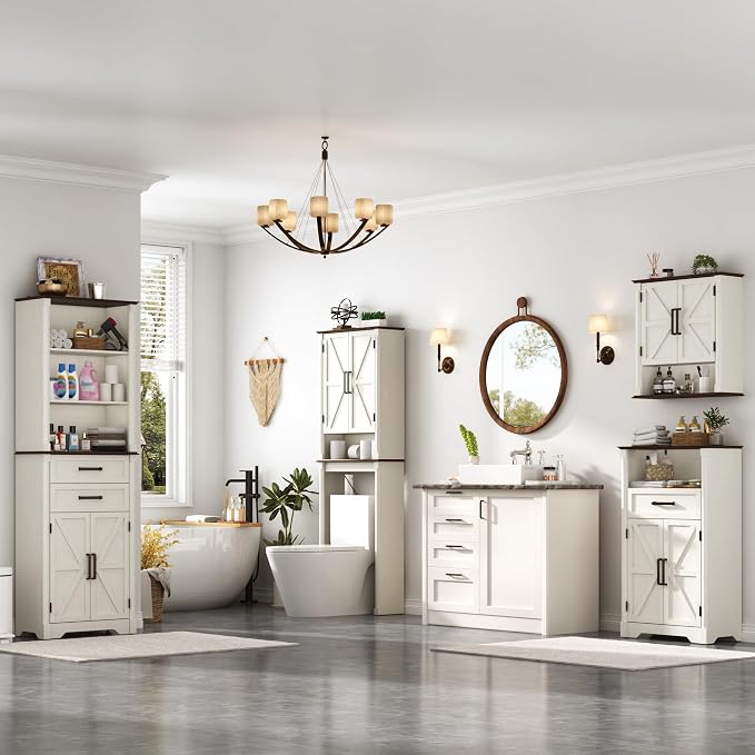 jiteentarou Farmhouse Bathroom Storage Cabinet,Bathroom Floor Storage Cabinet with Roman Column Decor,Small End Table with Barn Doors,Small Bathrooms Organizer(Rustic White)