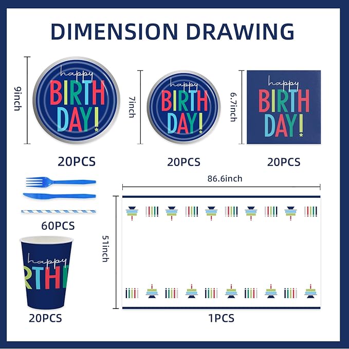 141pcs Dark Blue Happy Birthday Decoration Dark Blue Birthday Decorations Plates Napkins Forks Knives Straws Tablecloth Cups for Men Women Birthday Party Supplies,Suitable for 20 Guests
