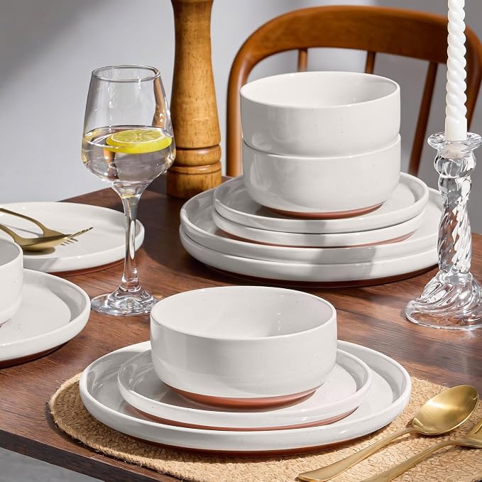 E-far 6-Piece Stoneware Dinnerware Sets, Plates and Bowls Sets for 2, Ceramic Dishware Dishes Set with Terracotta Base, Chip & Scratch Resistant, Microwave & Dishwasher Safe, Speckled White