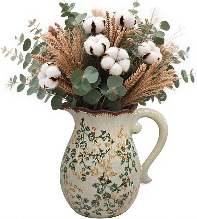 Vintage Ceramic Flower Pitcher Vase Home Decor - Tabletop Rustic Large Vase for Decor Living Room Bookshelf Office Kitchen Cottage, White Vases for Bouquet, with Handle | Grand Millennial | 8.3inch