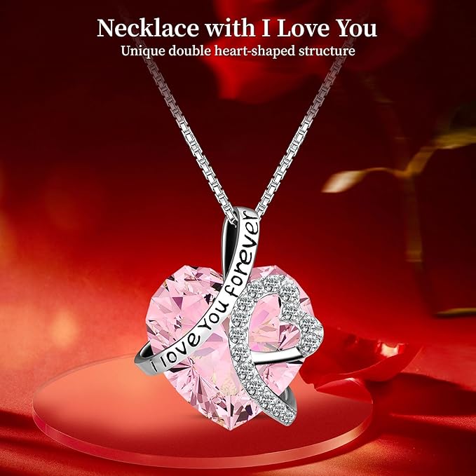 Preserved Pink Real Rose with Heart Necklace -Eternal Flowers Rose Birthday Gifts for Women Wife Mom Girlfriend Grandma Gifts Idea on Christmas Valentines Mothers Day for Her-Pink