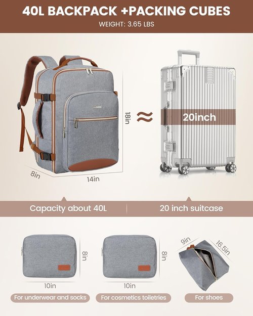 LOVEVOOK Travel Backpack - 40L Airline Approved Carry-On Bag with 3 Packing Cubes | Waterproof Grey-Brown