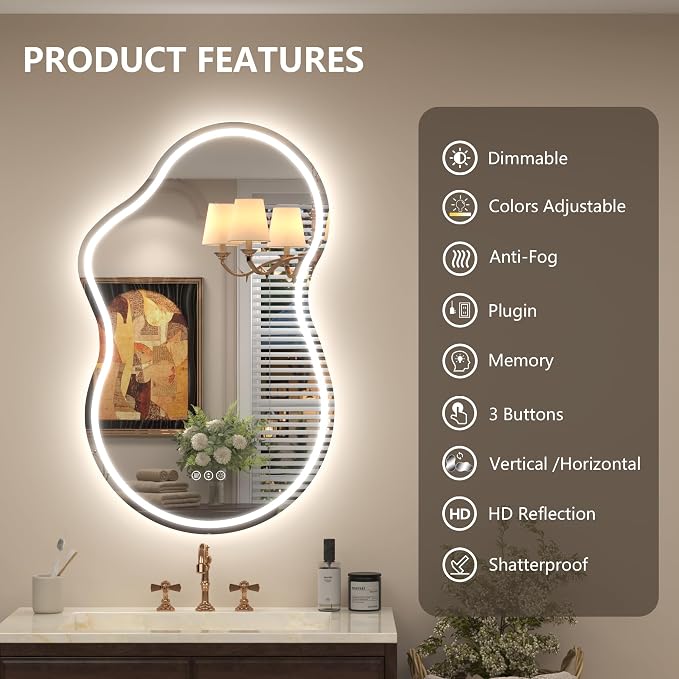 24x36 Inch Asymmetrical LED Bathroom Mirror, Irregular Cloud LED Lighted Vanity Mirror with Lights for Wall, Anti-Fog, Dimmable, 3 Colors, Memory (Horizontal/Vertical)