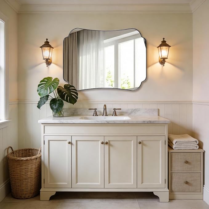 ANDY STAR Brushed Nickel Mirror 30x40 Inch, Bathroom Mirror for Wall, Large Scalloped Wall Mirror in Anti-Rust Stainless Steel Metal 1’’ Frame